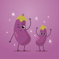 Cute eggplant characters funny cartoon mascot vegetable personages healthy food concept