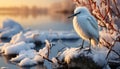 A cute egret perching on a frosty branch at dusk generated by AI