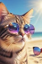 Cute Egyptian Mau Cat using colorful sunglasses at the beach. Indoor pets, veterinary and advertising concept. Detailed studio