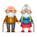 Cute elderly couple grandfather grandmother protective medical face mask 3d realistic cartoon family character design