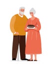 Cute elderly couple. Grandmother and grandfather. Grandpa with a cane and glasses hugs his wife. Happy granny with a pie. Flat