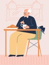 Cute elderly man drinking coffee or tea and eating croissant, cafe interior - flat vector illustration. Royalty Free Stock Photo