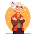 Cute elderly woman hugs herself
