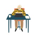 Cute elderly writer, critic or novelist siting at desk, smoking pipe and working on typewriter. Author writing book Royalty Free Stock Photo