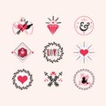 Cute elegant black, pink and red love and heart different emblems and stamps design element set on light pink Royalty Free Stock Photo