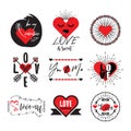 Cute and elegant black and red heart, love and Valentines emblem set on white Royalty Free Stock Photo