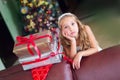 Cute elegant girl celebrate Christmas and New Year with presents Royalty Free Stock Photo