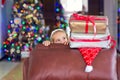 Cute elegant girl celebrate Christmas and New Year with presents Royalty Free Stock Photo