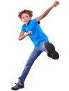 Cute elementary boy jumping and dancing over white Royalty Free Stock Photo