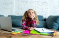 Cute elementary student feeling sad and confusing while doing difficult assignment with her laptop at home in primary school Royalty Free Stock Photo