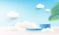Cute elements for summer design, cloud, palm leaf. Round podium for product presentation in 3d creative composition Royalty Free Stock Photo
