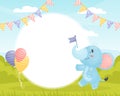 Cute Elephant Animal Parade with Flag and Balloon Note Frame Vector Template Royalty Free Stock Photo