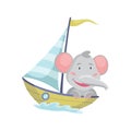 Cute elephant animal sailing on boat. Vector funny cartoon sailor on sailboat with water waves isolated on white