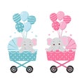 Cute elephant on baby carriage with balloons. Baby gender reveal boy or girl clip art. Royalty Free Stock Photo