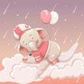 Cute elephant baby floating in the sky driving a plane. vector hand drawn cartoon