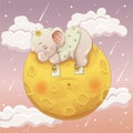 Cute elephant baby girl sleeping on the moon. vector hand drawn cartoon art style Royalty Free Stock Photo
