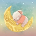 Cute elephant baby girl sleeping on the moon. vector hand drawn cartoon art style Royalty Free Stock Photo