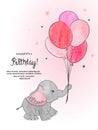 Cute elephant with balloons watercolor vector illustration Royalty Free Stock Photo