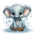 Cute elephant bathing, surrounded by bubbles, big eyes shining, standing on a wooden base.