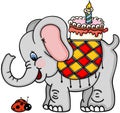 Cute elephant with birthday cake and ladybird Royalty Free Stock Photo