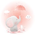 Cute elephant and bunny with umbrella cartoon hand drawn vector illustration Royalty Free Stock Photo