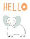 Cute elephant card tile greeting Text Hello cartoon for t-shirt, print, product, flyer, patch, fabric, textile, fashion Royalty Free Stock Photo