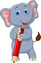 Cute elephant cartoon holding red pencil