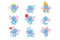 Cute elephant character set, funny baby elephant in different poses and situations vector Illustrations Royalty Free Stock Photo