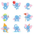 Cute elephant character set, funny baby elephant in different poses and situations vector Illustrations Royalty Free Stock Photo