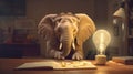 Cute little elephant and light bulb showing ideas, concepts, creativity, minimalist watercolor style.