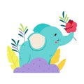 Cute elephant with flower. Adorable African baby animal on nature cartoon vector illustration Royalty Free Stock Photo