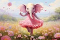 A cute elephant girl in a pink dress dancing in a flower meadow on sunny day. Created with Generative AI