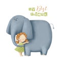 Cute elephant and girl tender hugs, best friends illustration, love clipart