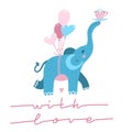 Cute elephant with heart shaped balloon cartoon character. Line Lettering quote - With love - for t-shirt print, kids Royalty Free Stock Photo