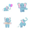 Cute elephant icons set cartoon vector. Baby elephant with balloon