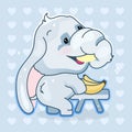 Cute elephant kawaii cartoon vector character. Adorable and funny, happy animal eating bananas isolated sticker, patch. Anime baby Royalty Free Stock Photo