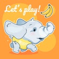 Cute elephant kawaii character social media post mockup. Lets play lettering. Positive poster, card template with zoo running