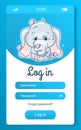 Cute elephant kids mobile app screen with cartoon kawaii character. Log in, create account smartphone game, social media