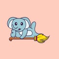 Cute elephant lying on Magic Broom. Animal cartoon concept isolated. Can used for t-shirt, greeting card, invitation card or