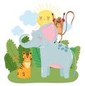 Cute elephant monkey and tiger grass bushes nature wild cartoon