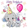 Cute Elephant and mouse with balloon and bonnets