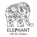 Cute elephant with ornate floral ornament. Vector Royalty Free Stock Photo