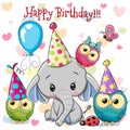 Cute Elephant and owls with balloon and bonnets