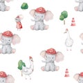 Cute elephant pattern. Seamless background with pink elephant cartoon character and green tree. Minimal baby or children Royalty Free Stock Photo