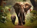 Elephant guided by while crossing a path in beautiful Queen Elizabeth National Park with Euphorbia ingens tree, Uganda