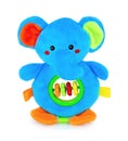 Cute elephant rattle doll with plastic rings isolated on white background with shadow reflection. Playful colorful elephant