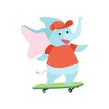 Cute Elephant Riding Skateboard, Funny Animal Cartoon Character Vector Illustration Royalty Free Stock Photo