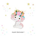 Cute elephant with roses bouquet. Birthday invitation. Baby shower, greeting card Royalty Free Stock Photo