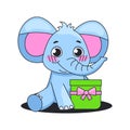 Cute elephant sits with a gift box.