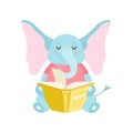 Cute Elephant Sitting and Reading Book, Funny Animal Cartoon Character Vector Illustration Royalty Free Stock Photo